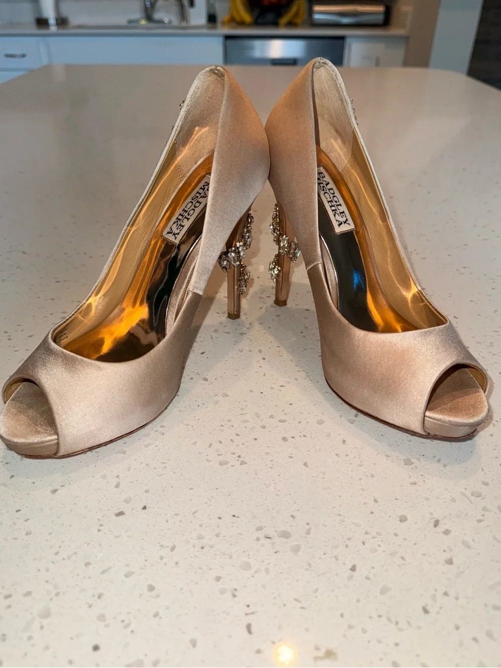 Badgley Mischka Rose Gold Satin Peep-Toe Heels with Crystal Brooches